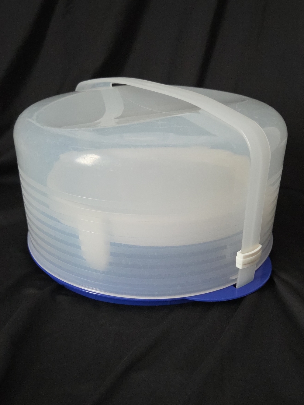 Tupperware Round Cake Carrier with Translucent White Lid and Blue Base